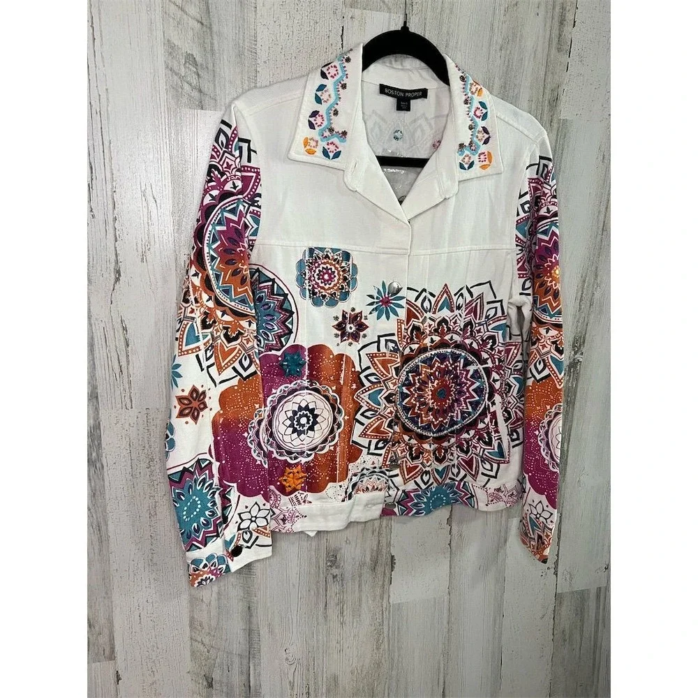 Boston Proper Womens White Mandala Embellished Denim Jacket Size S Boho Beaded - Picture 3 of 16